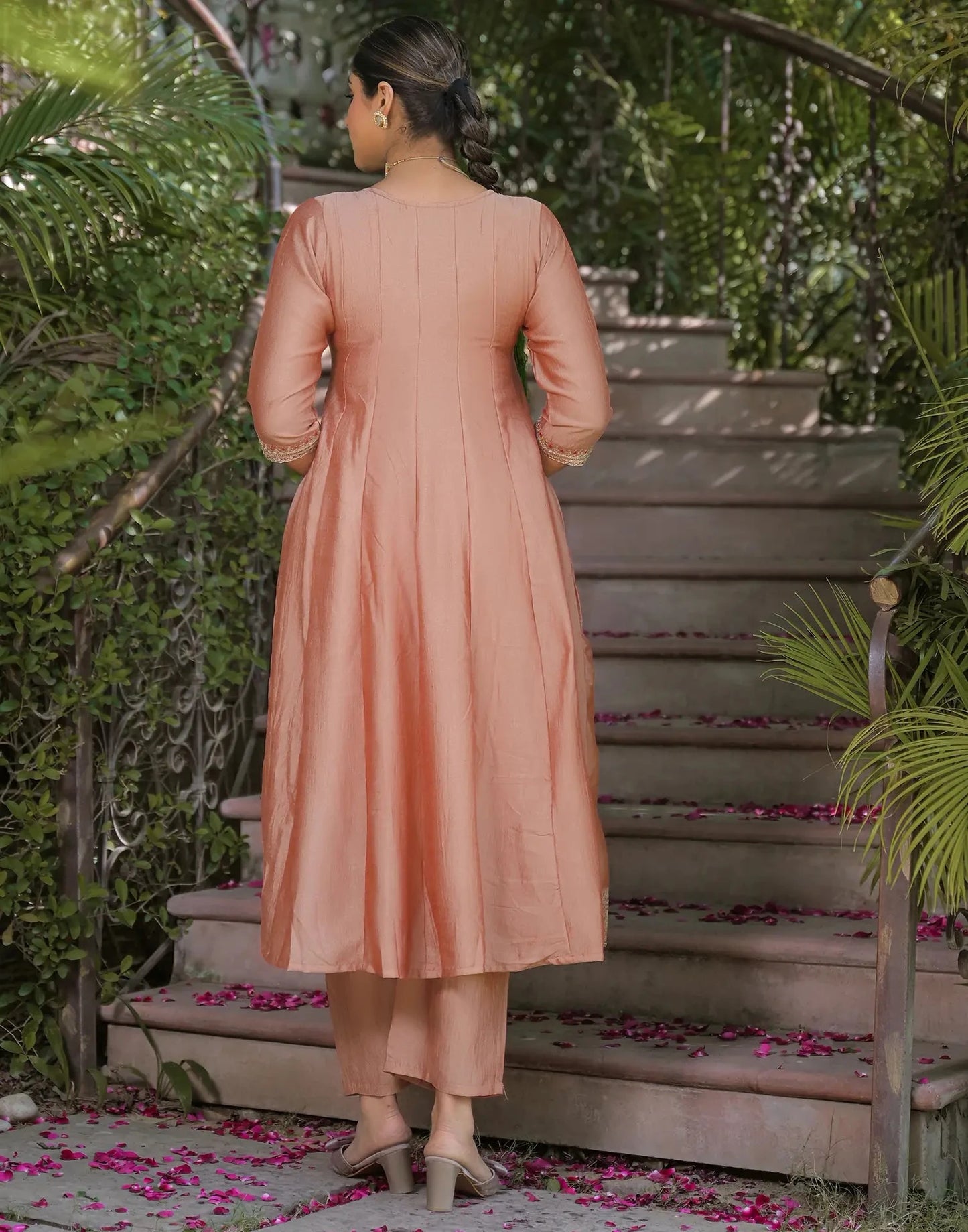 Silk Embroidered Round Neck Flared Kurta with Pant & Dupatta