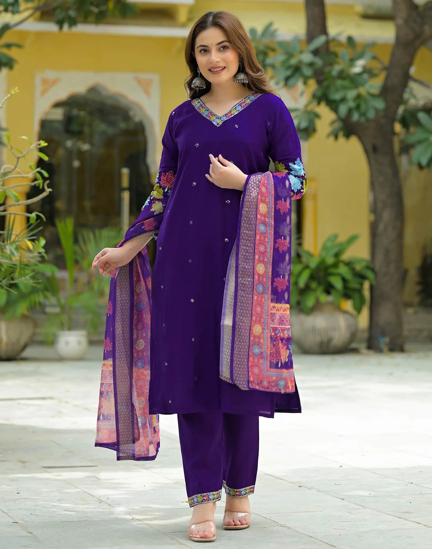 Skylee Chanderi Embroidered Straight 3 Piece Kurta Set For Woman