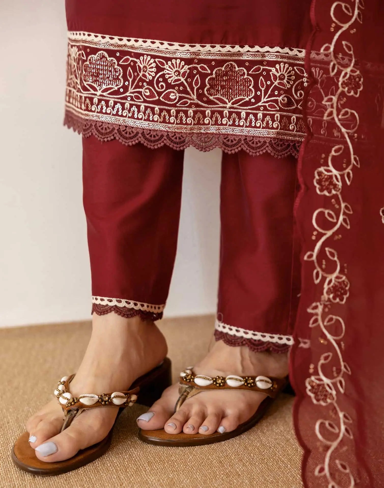 Maroon Silk Embroidered Straight Kurta Set with Pant & Dupatta for Women