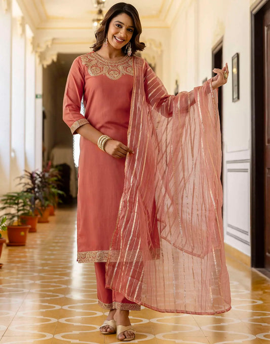 Cotton Blend Sequence, Embroidery and Lace Straight Kurta with Pant & Dupatta