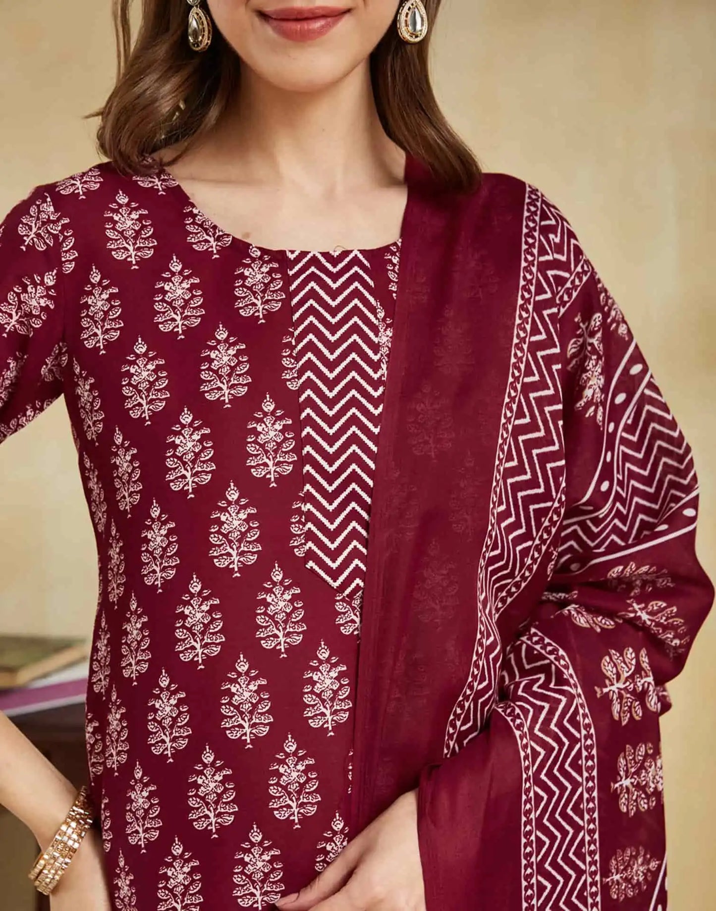 Cotton Blend Printed and Printed Lace Straight Kurta with Pant & Dupatta