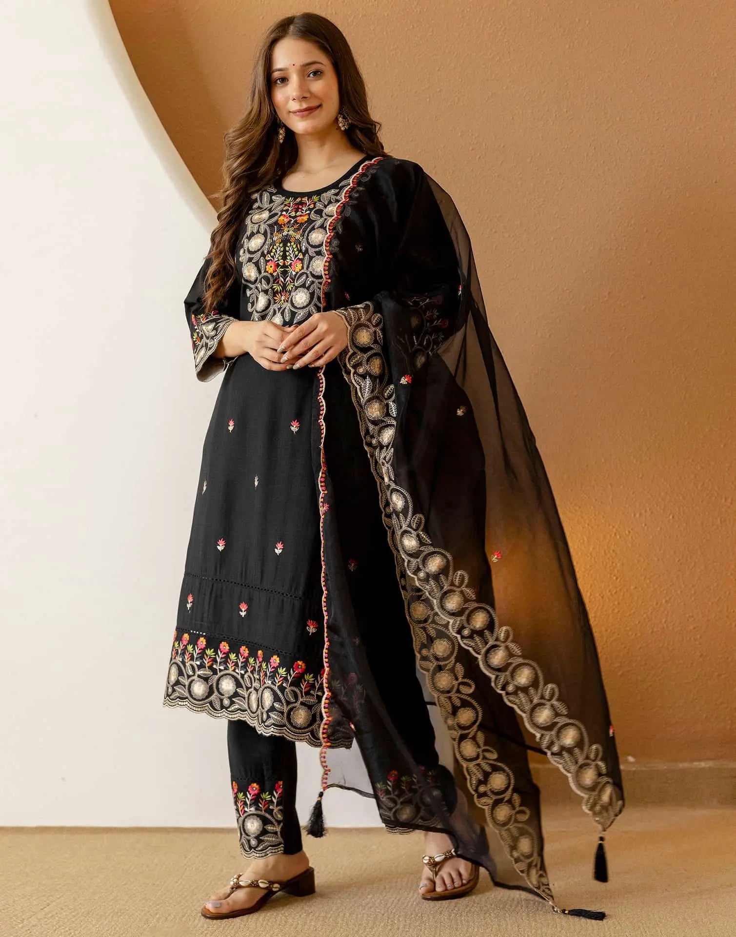 Black Silk Embroidered Straight Kurta Set with Pant & Dupatta under 1299 