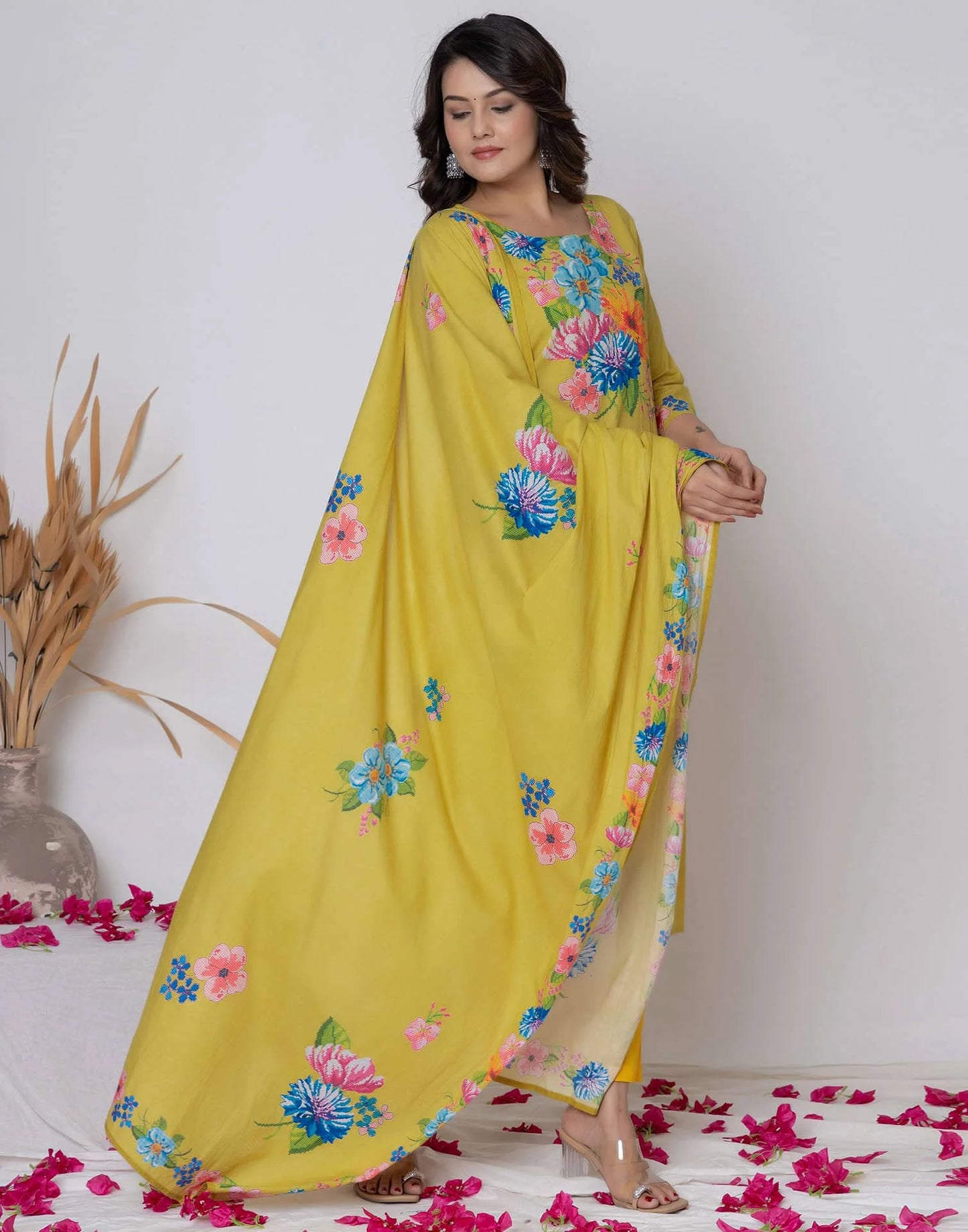 Yellow Cotton Printed Straight Kurta Set with Pant & Dupatta Affordable Casual & Office Wear for Women under 999
