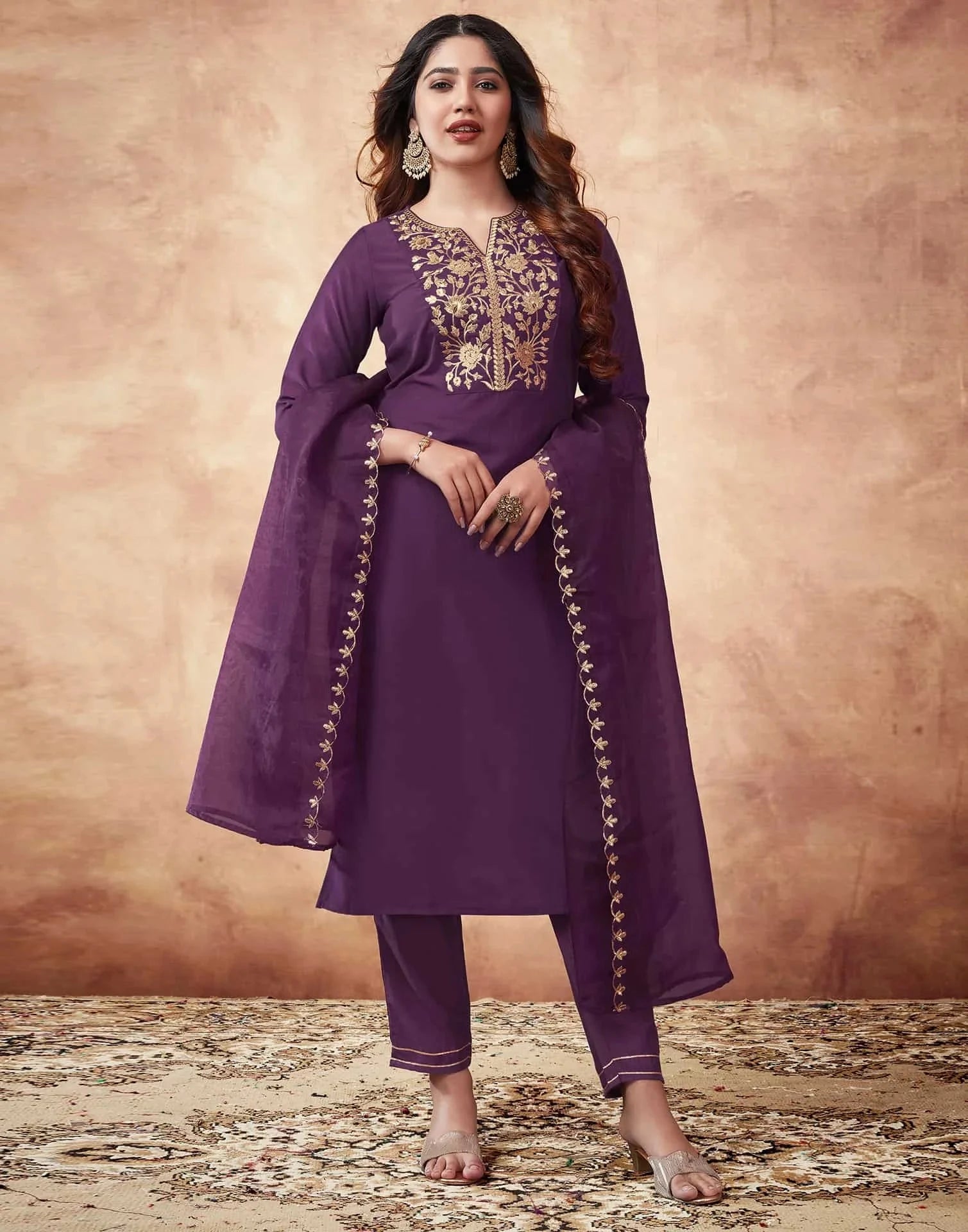 Wine V Neck Stylish Kurta Set Dupatta