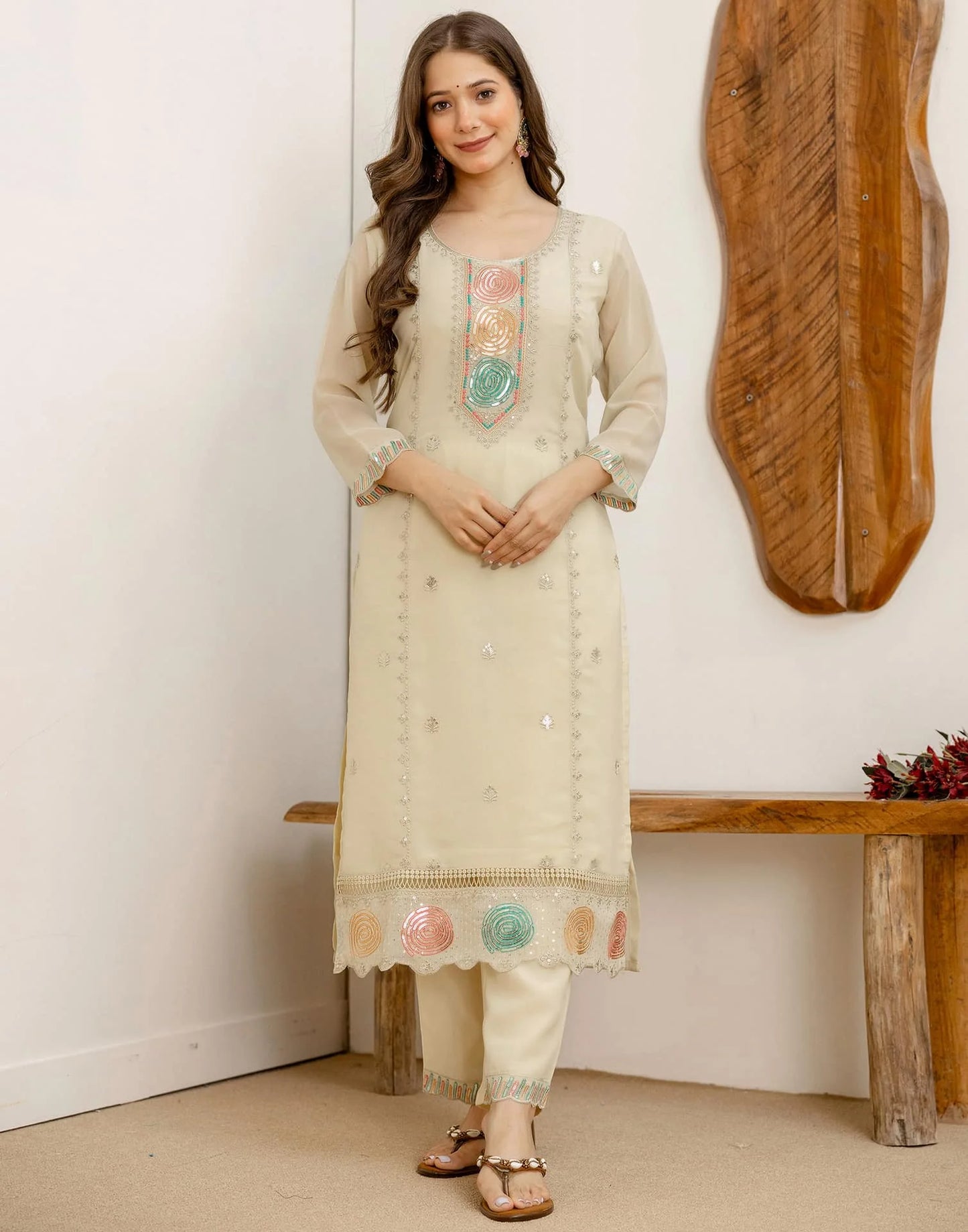 Beige Georgette Embroidered Kurta Set with Pant & Dupatta