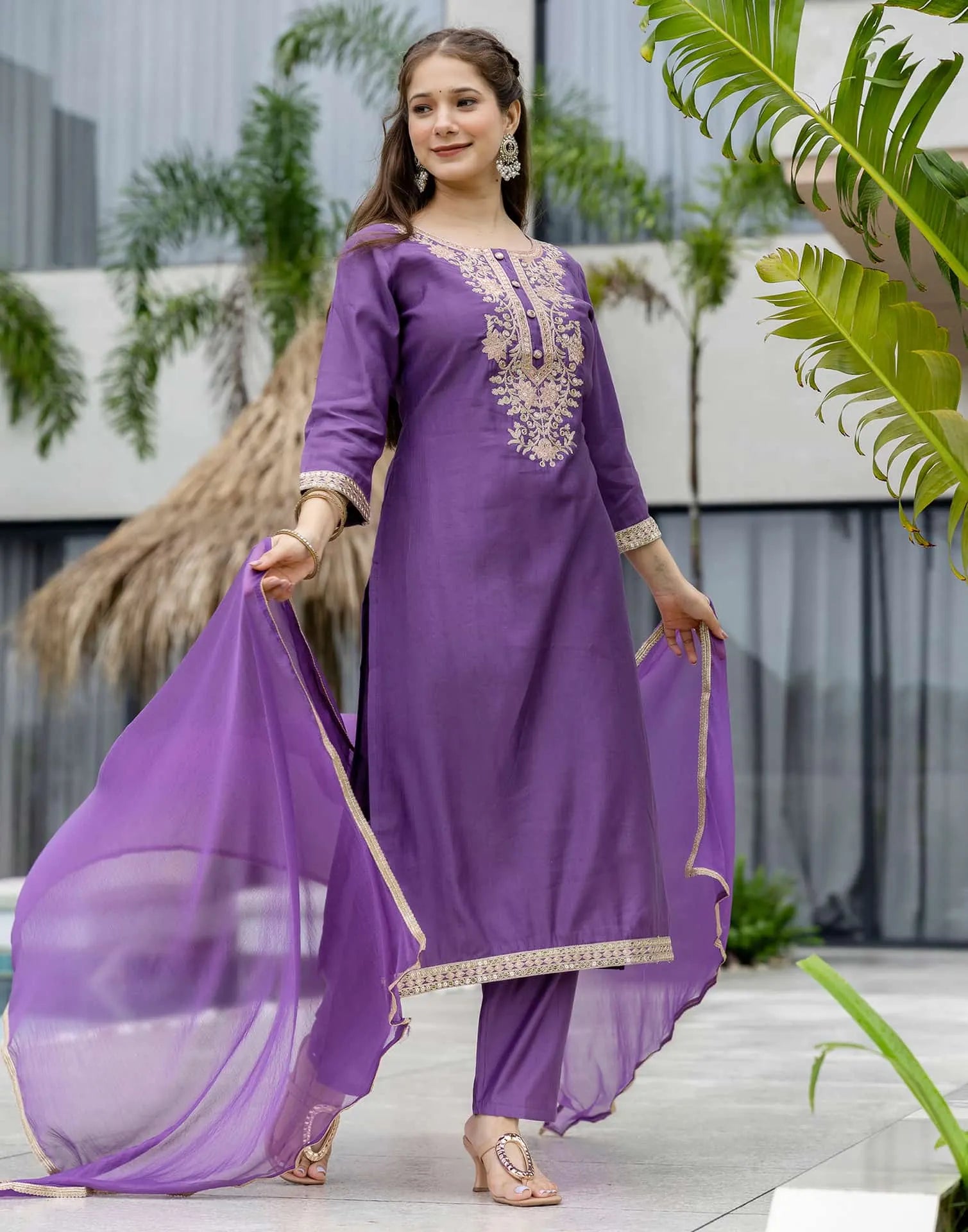 Purple Silk Embroidered Straight Kurta Set with Pant & Dupatta under 1299