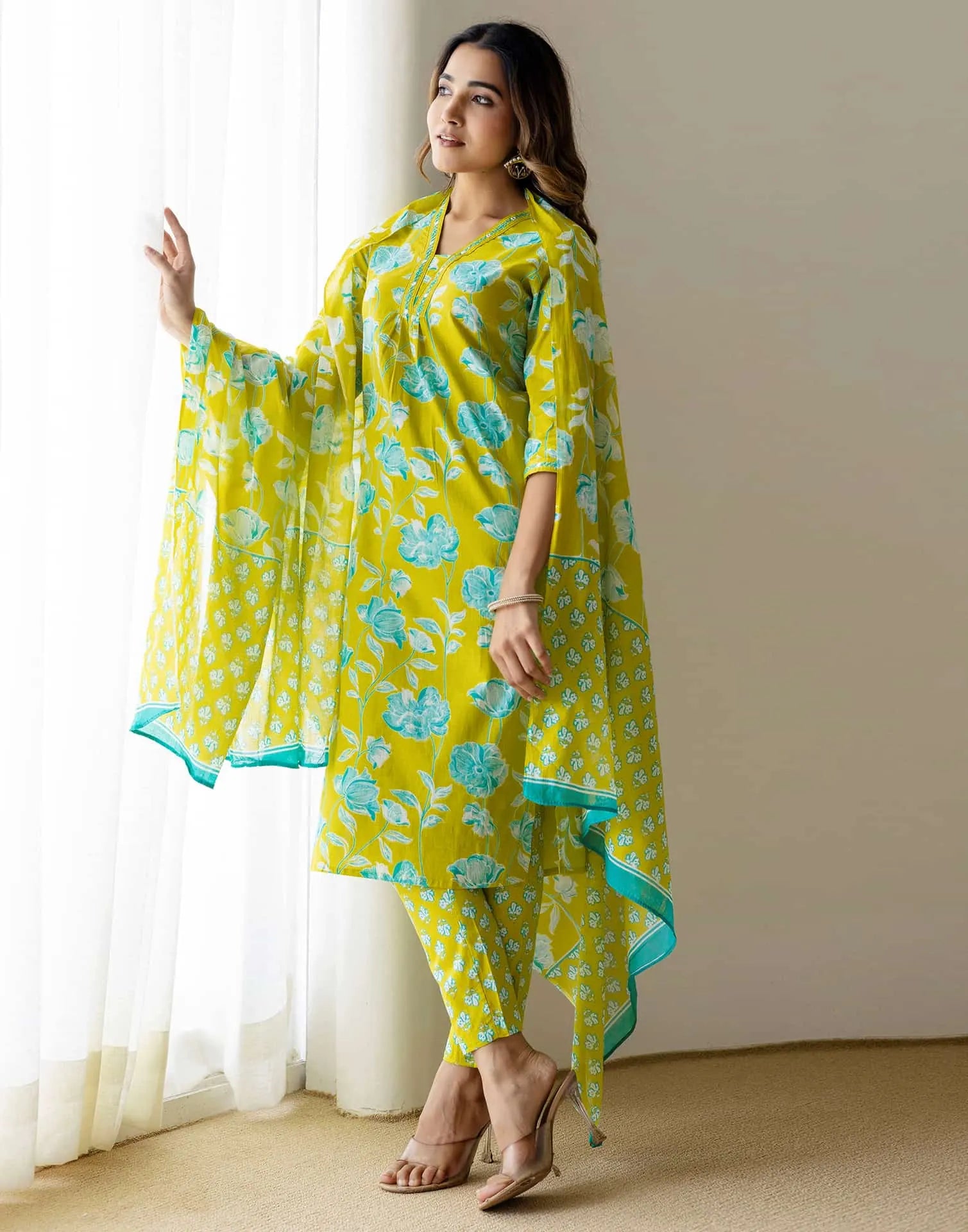 Green Cotton Printed Straight Kurta with Pant & Dupatta for Women