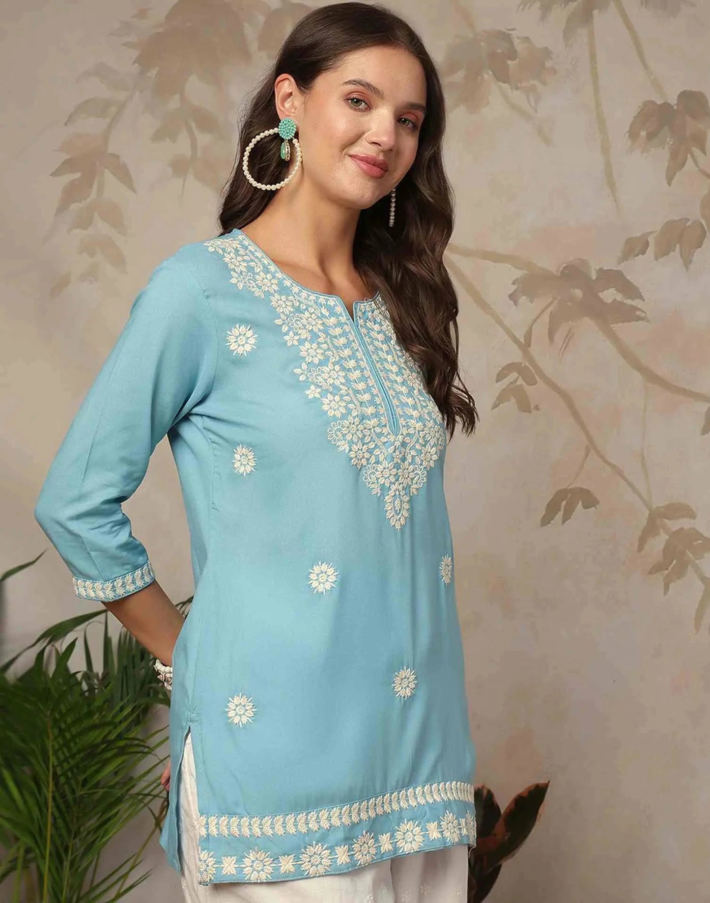 Rayon Chikankari Straight Round Neck Short Kurti