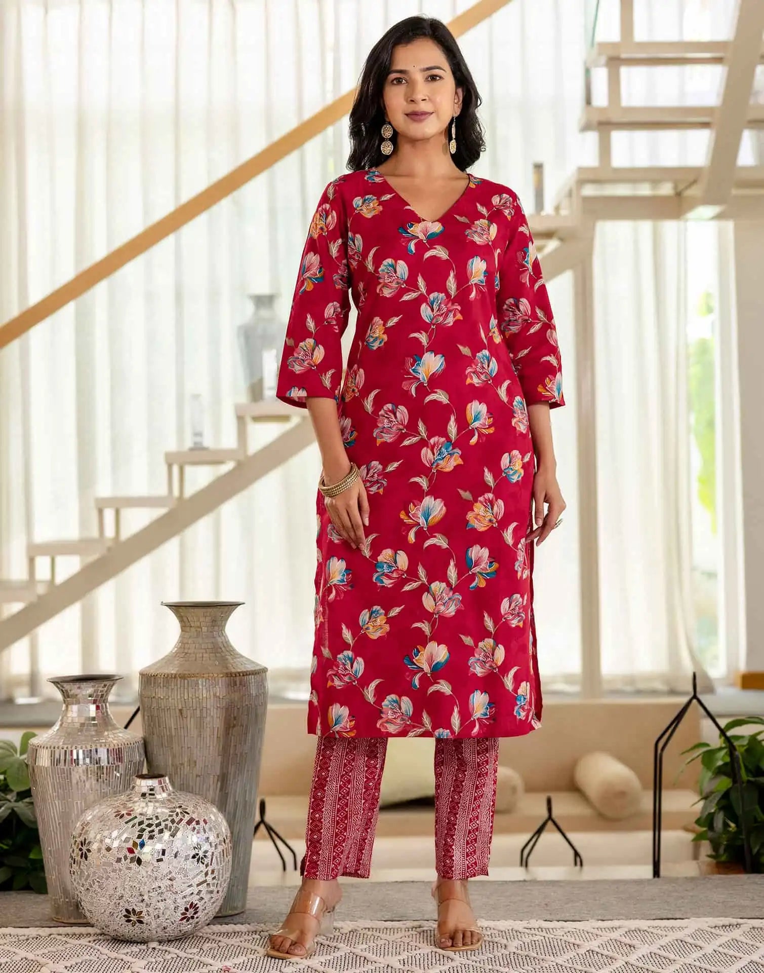 Red Cotton Printed Straight Kurta Set with Pant & Dupatta for Wome Casual & Daily Wear Floral Design Under 799