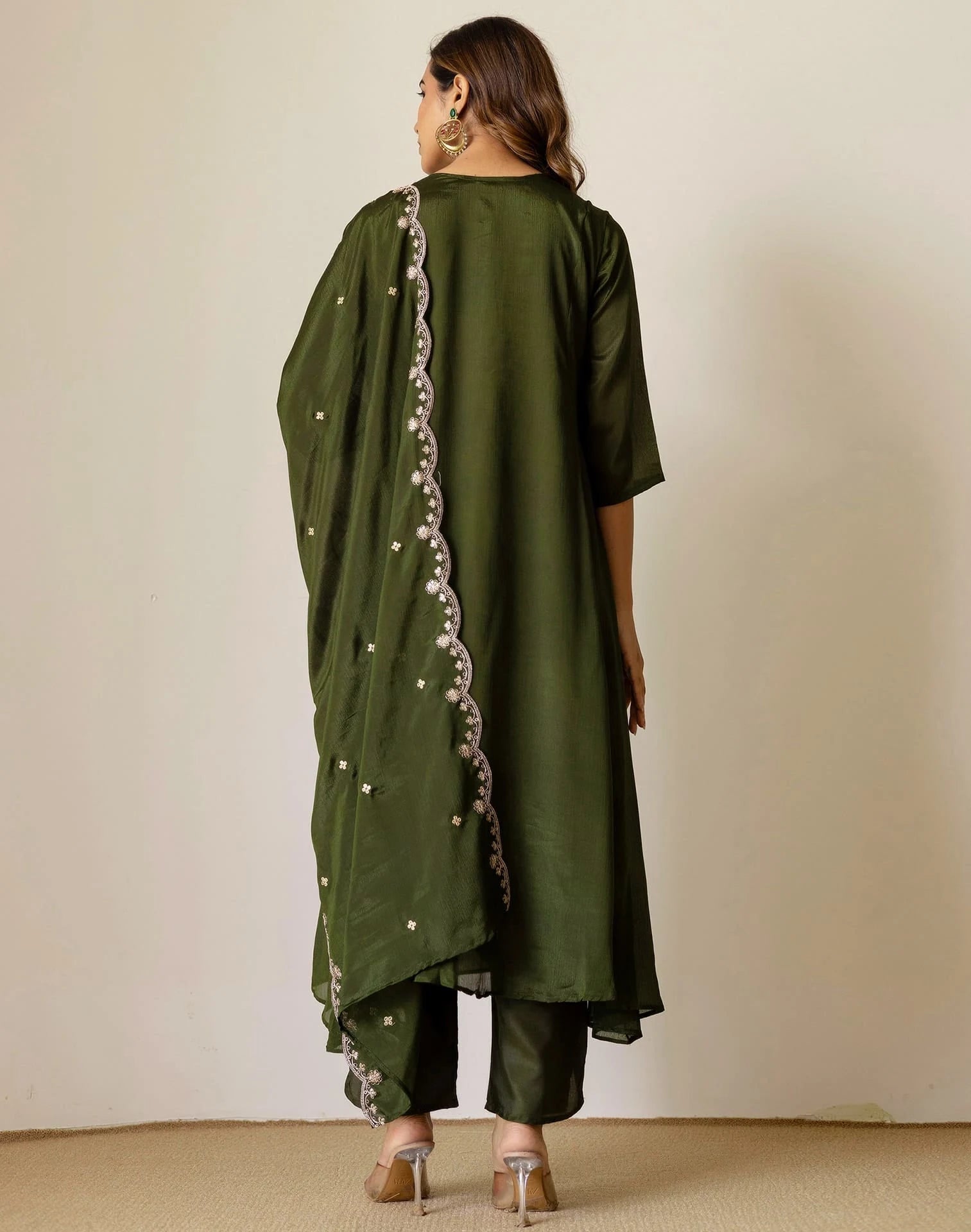 Green Silk Sequin Anarkali Kurta Set with Pant & Dupatta under 1299 