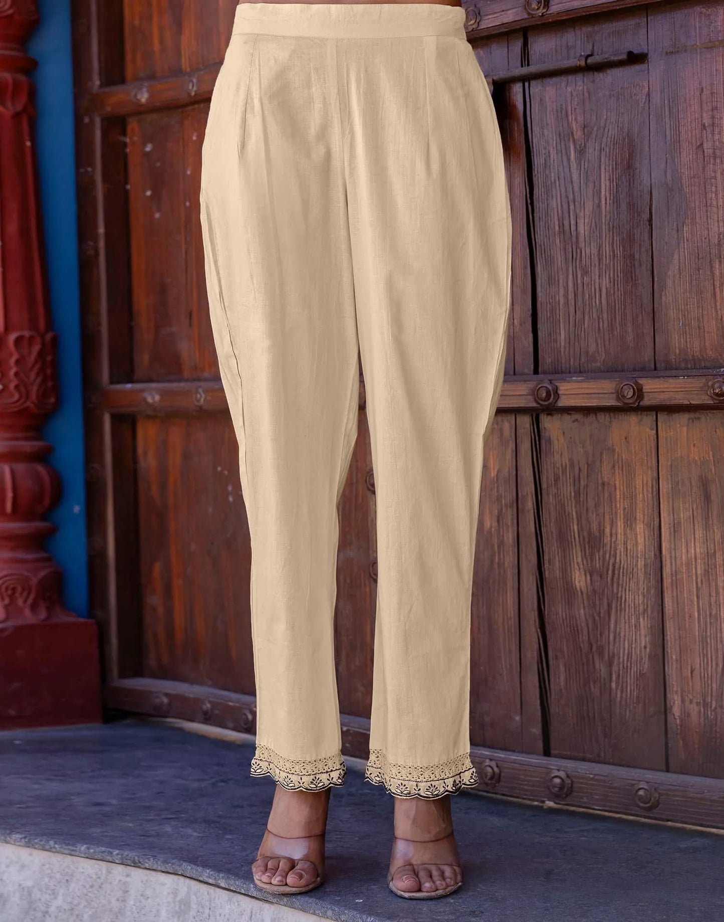 Beige Silk Embroidered and Sequins Work Straight Kurta Set with Pant & Dupatta for Women