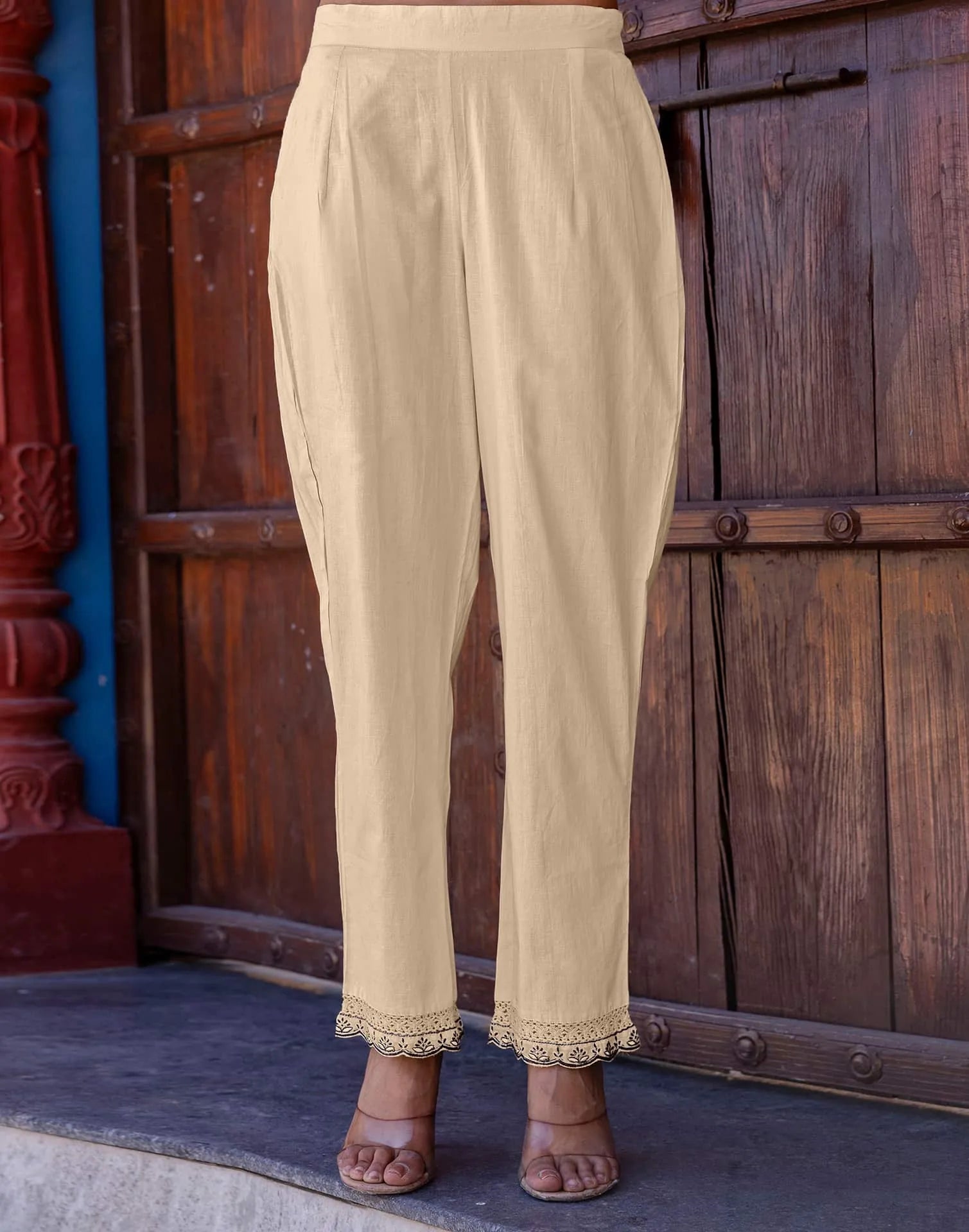 Beige Silk Embroidered and Sequins Work Straight Kurta Set with Pant & Dupatta for Women