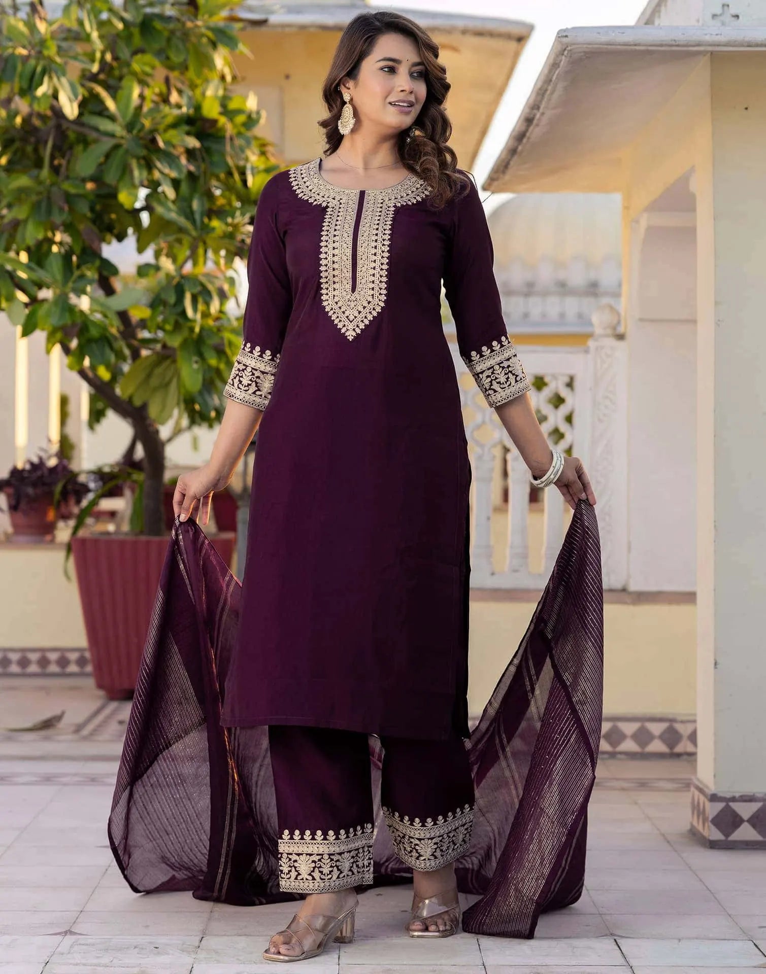 Skylee Silk Blend Embroidered Straight 3 Piece Kurta Set For Woman