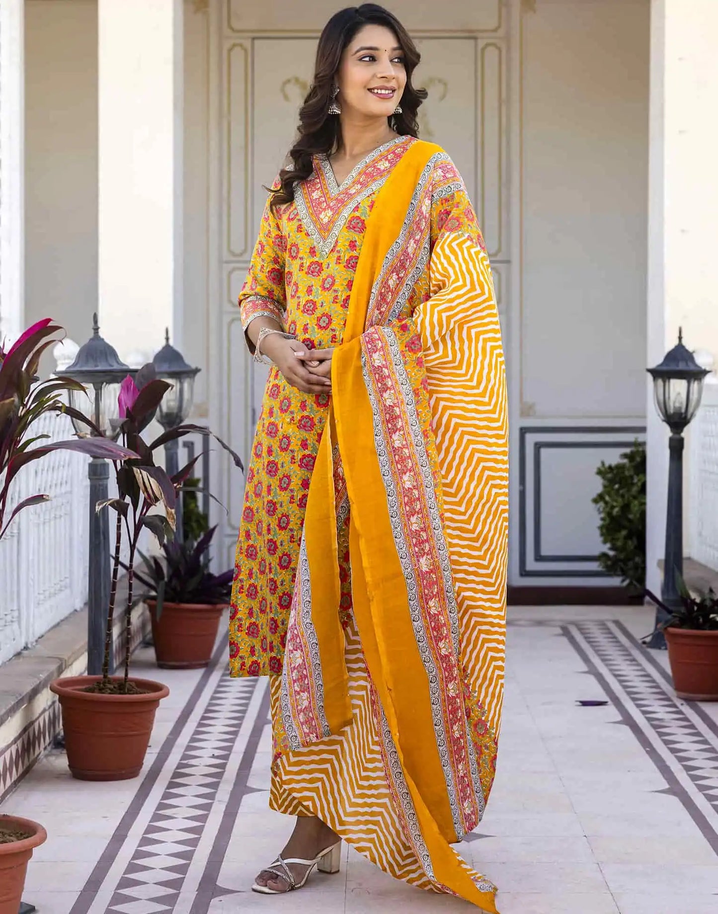 Cotton Blend Foil Printed and Printed Lace Straight Kurta with Pant & Dupatta