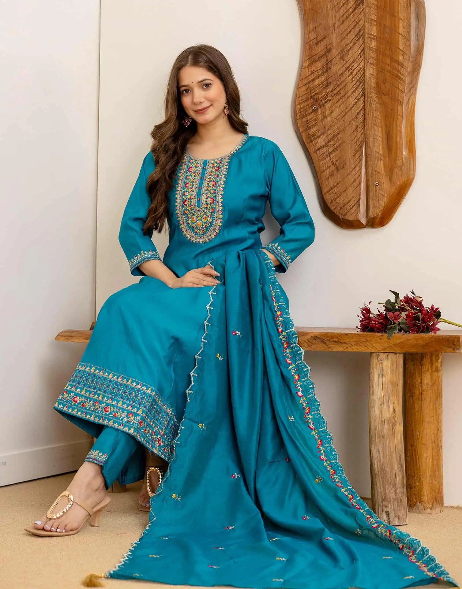 Blue Silk Embroidered Anarkali Kurta Set with Pant and Dupatta for Women Festive Wear under 1299