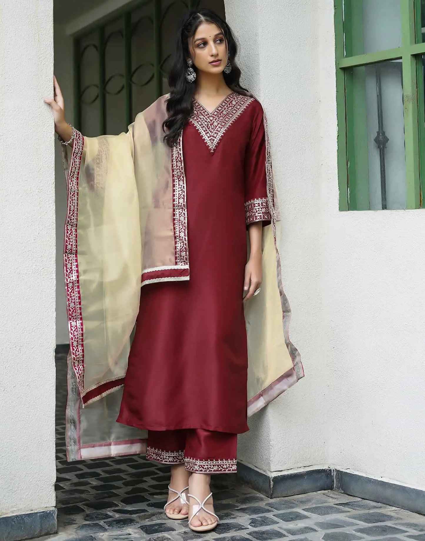 Silk Blend Sequins Embroidery Lace Straight Kurta with Pant & Dupatta