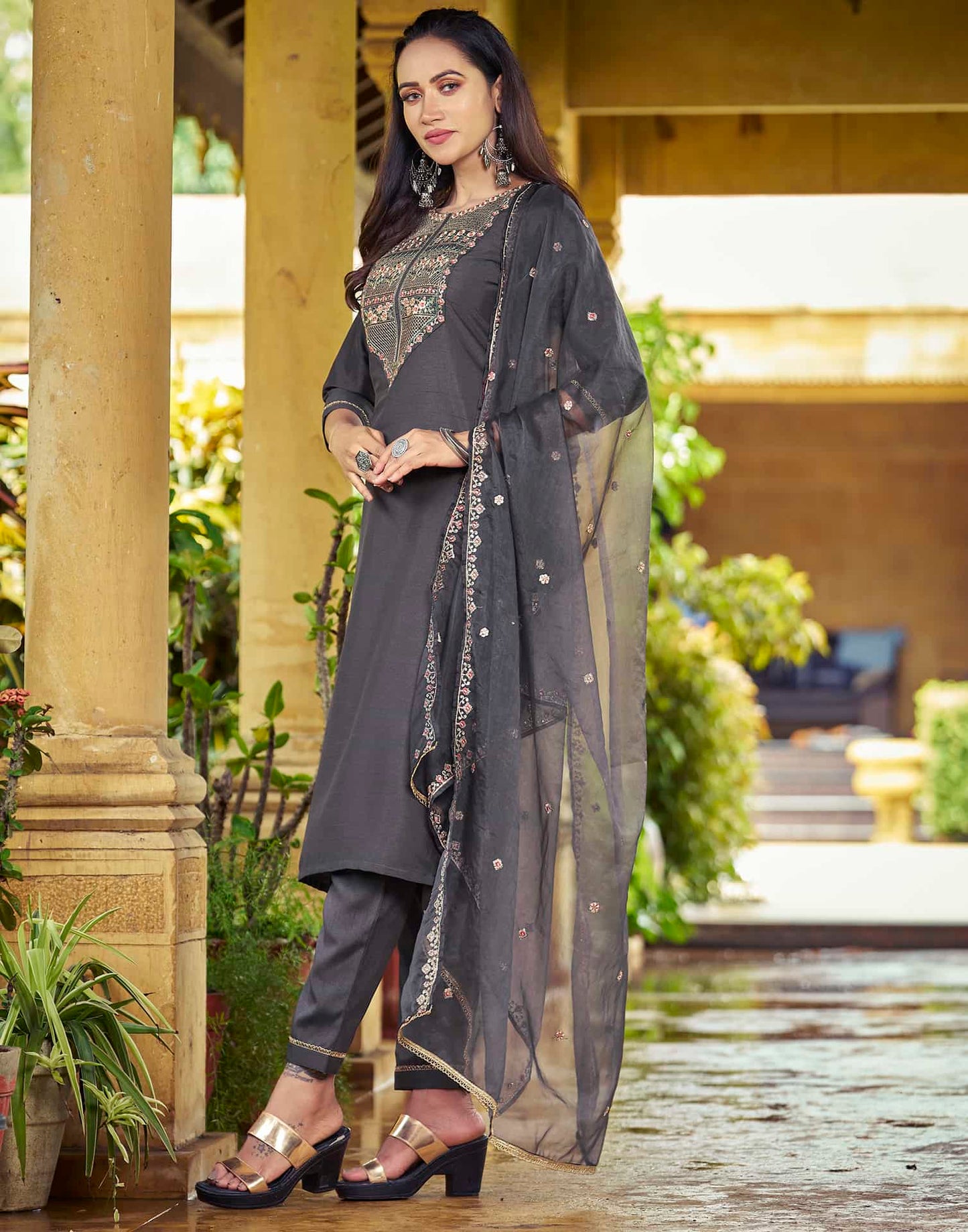 Straight cuts silk kurta set for women with pant dupatta under 1299