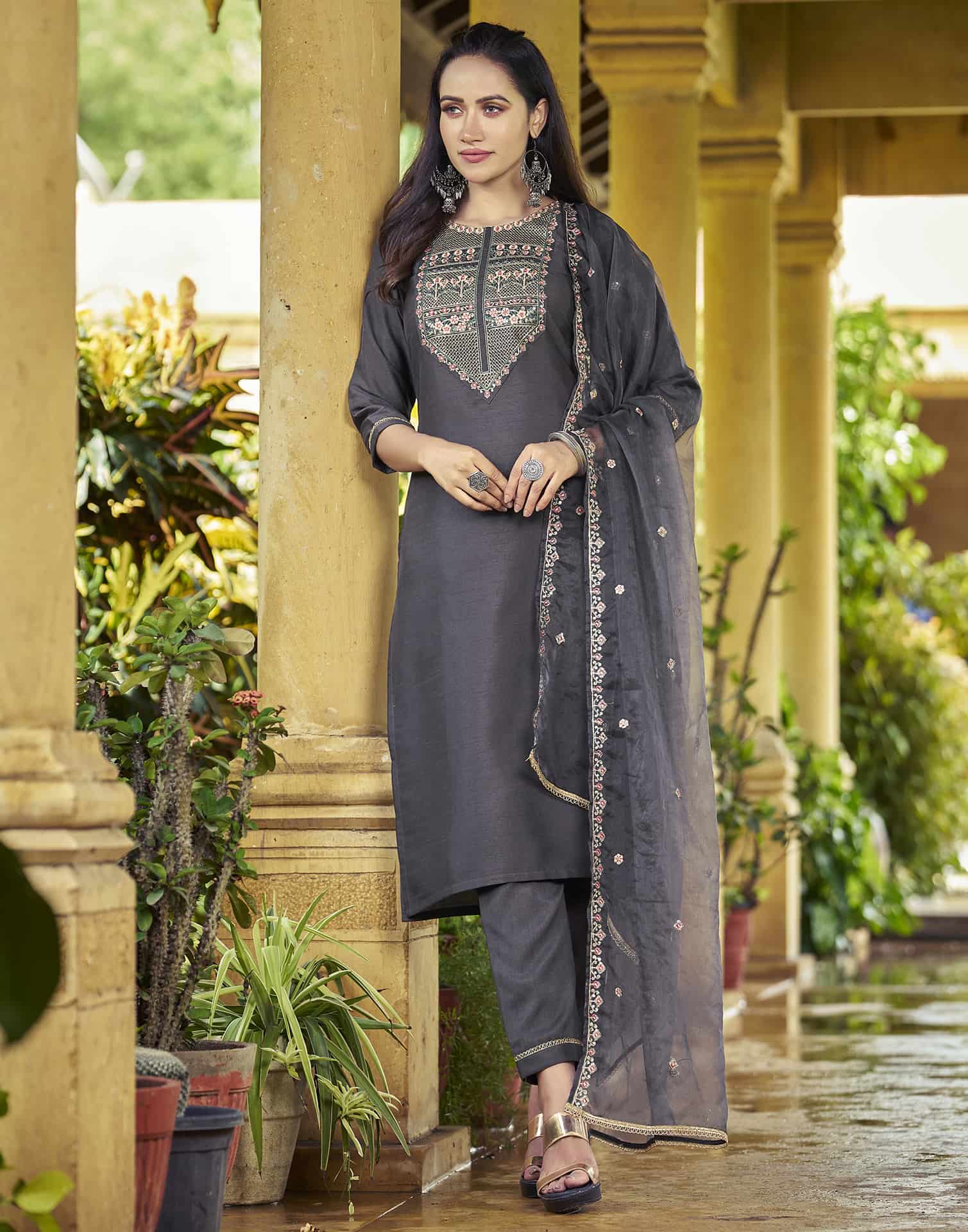 Straight cuts silk kurta set for women with pant dupatta under 1299