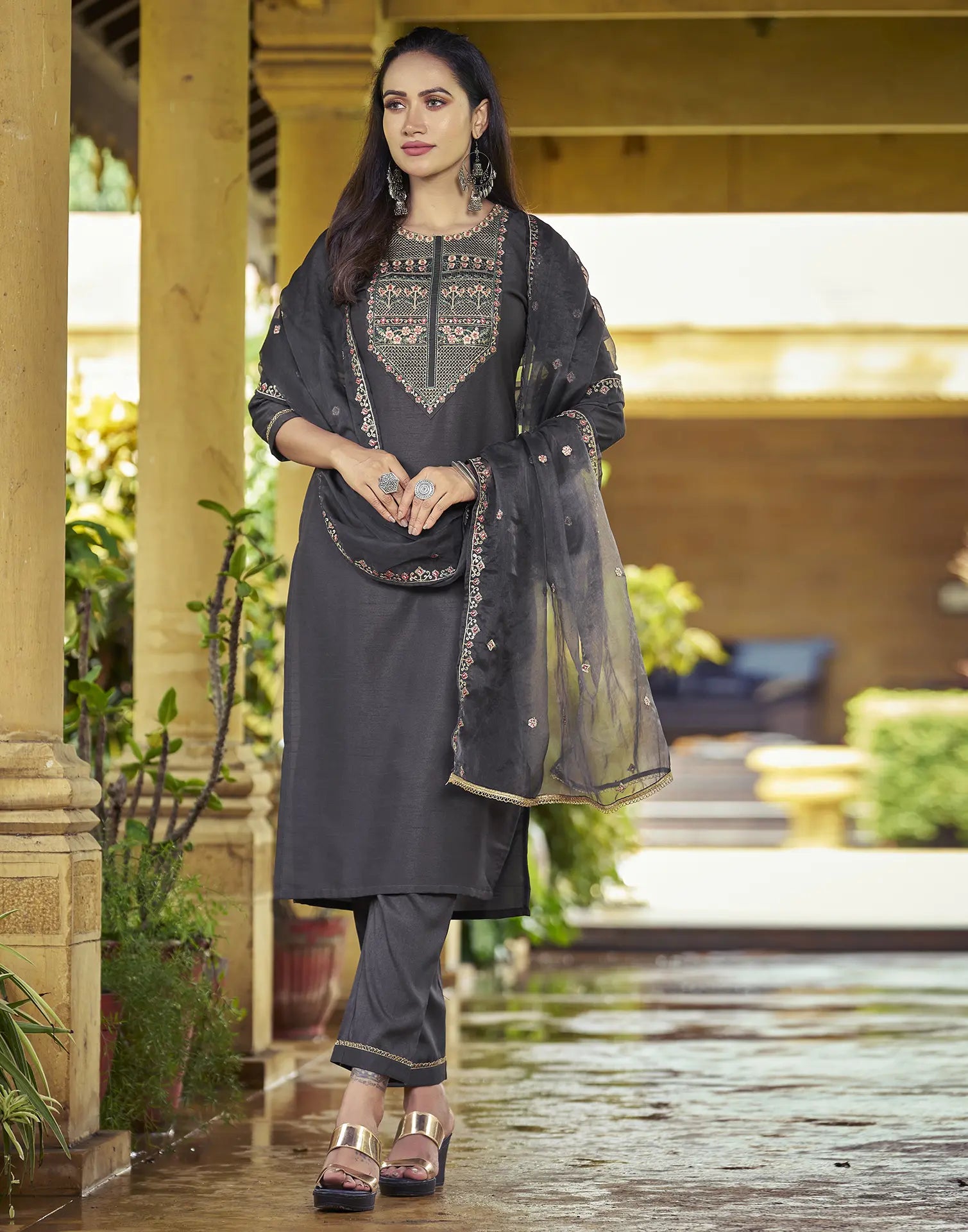 Silk Blend Embroidered Straight 3 Piece Kurta Set