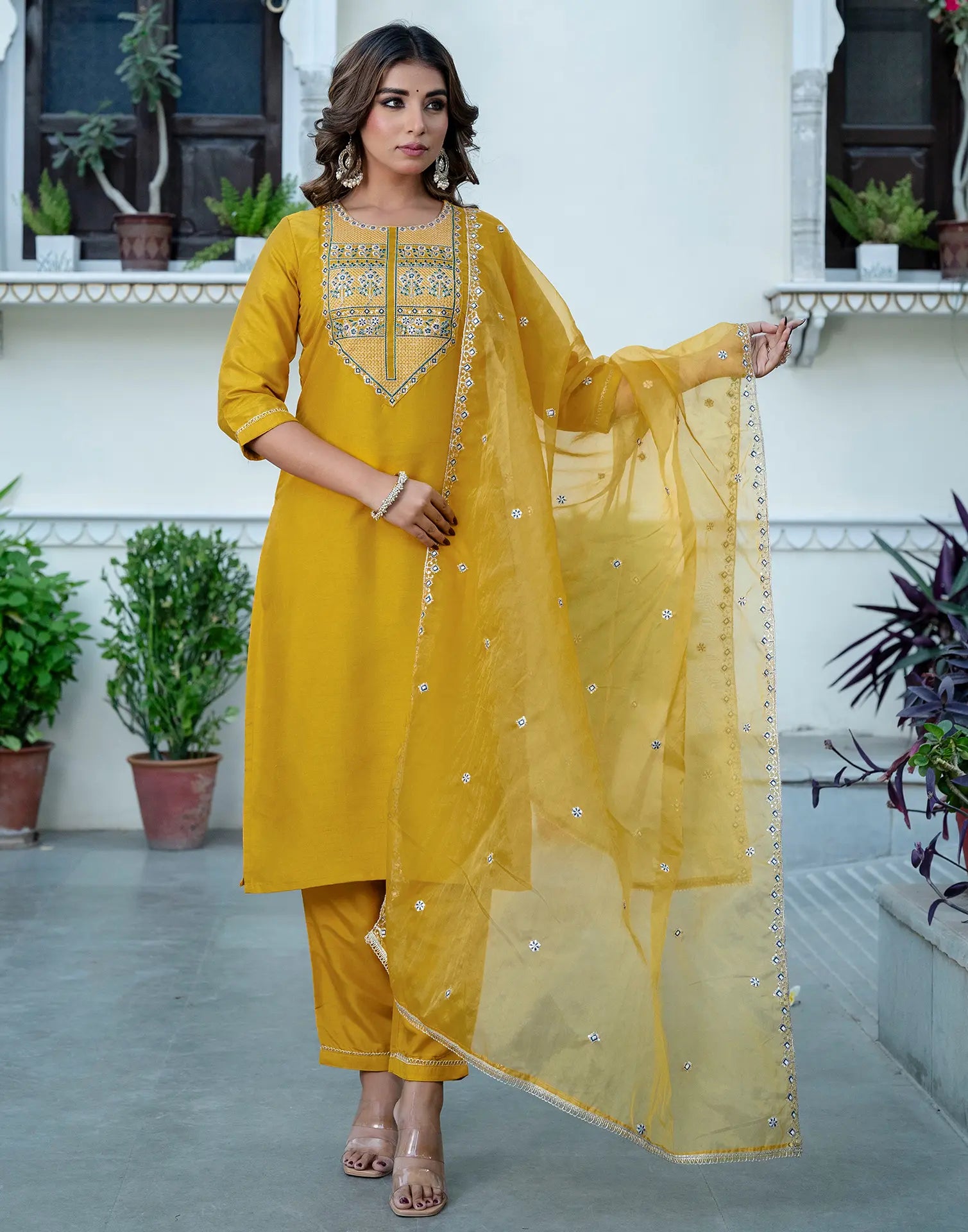 Silk Blend Embroidered Straight 3 Piece Kurta Set
