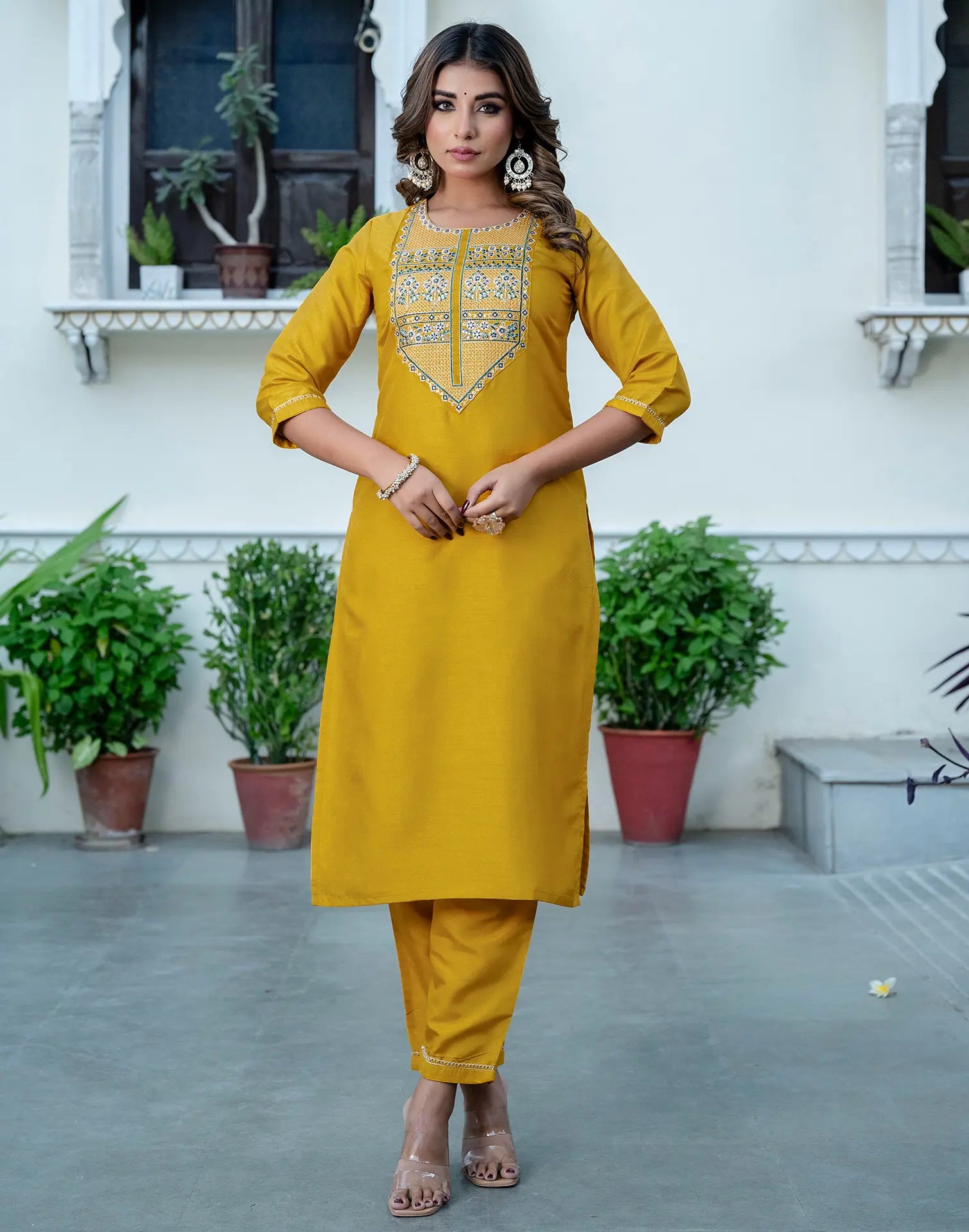 Silk Blend Embroidered Straight 3 Piece Kurta Set
