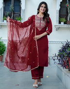 Silk Blend Embroidered Straight 3 Piece Kurta Set