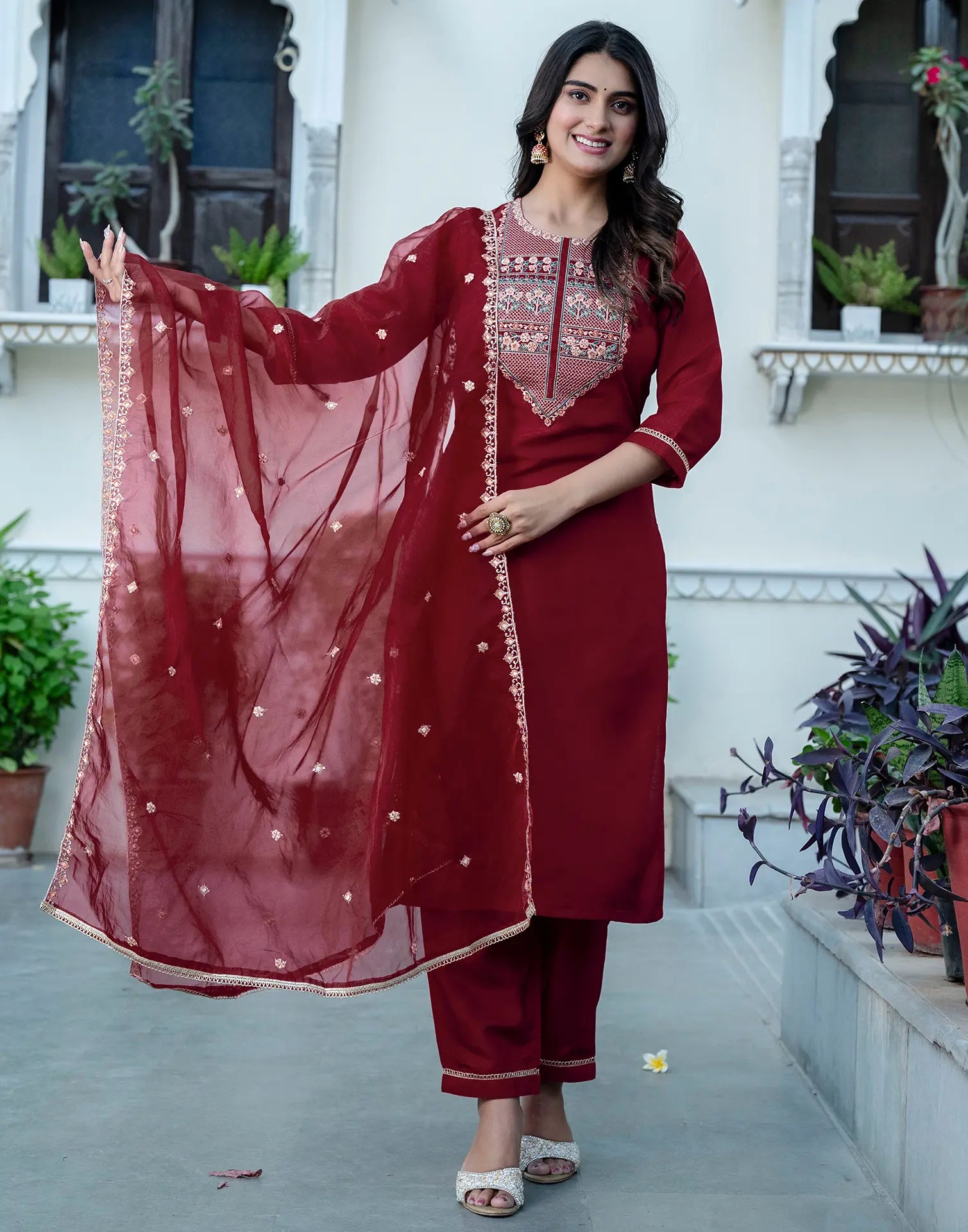 Silk Blend Embroidered Straight 3 Piece Kurta Set