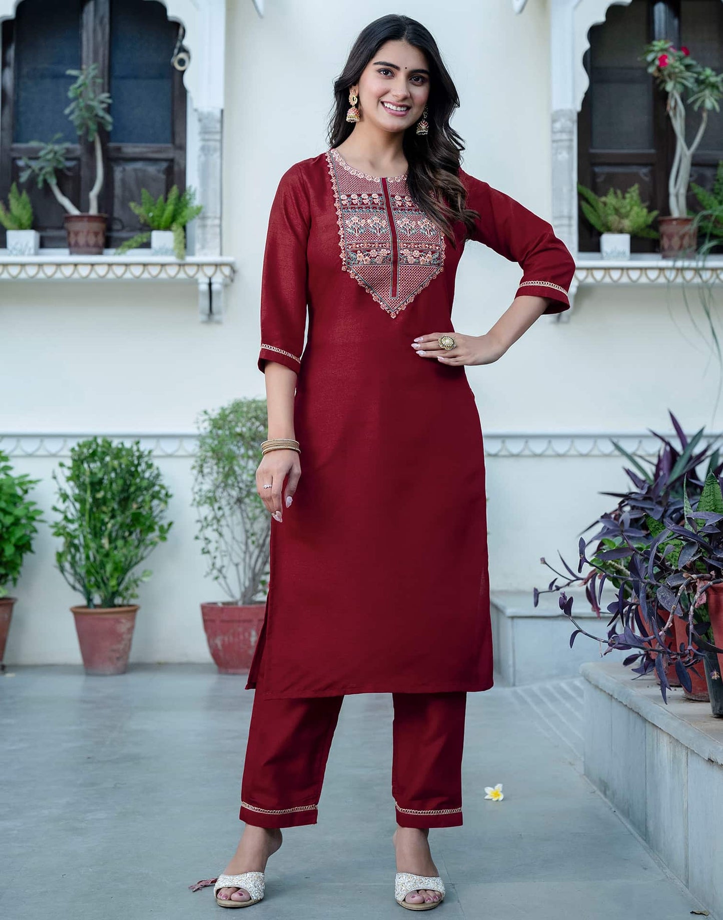 Maroon silk straight kurta set with dupatta under 799 festive wear