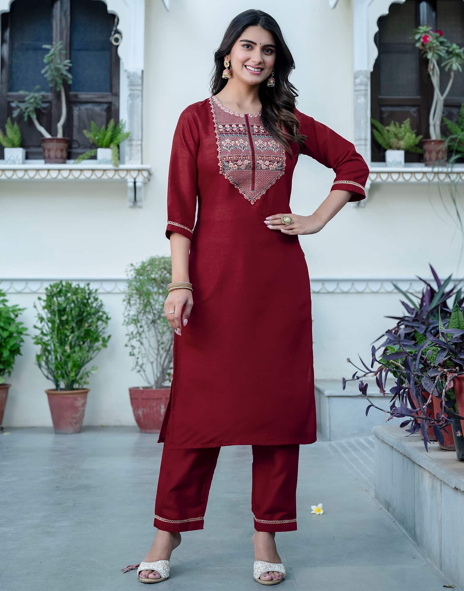 Maroon silk straight kurta set with dupatta under 799 festive wear