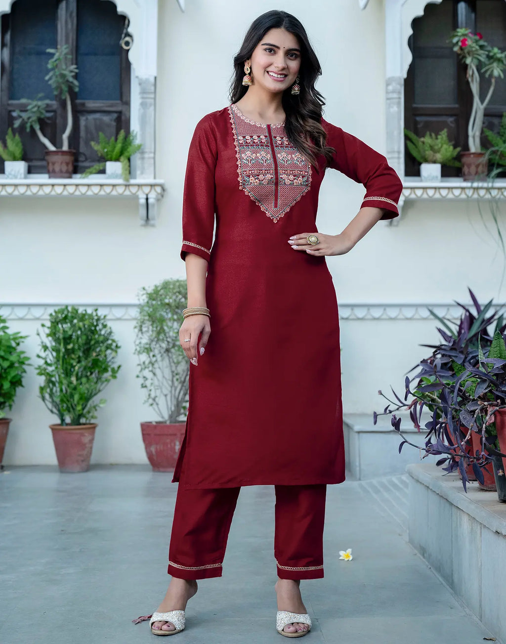 Silk Blend Embroidered Straight 3 Piece Kurta Set