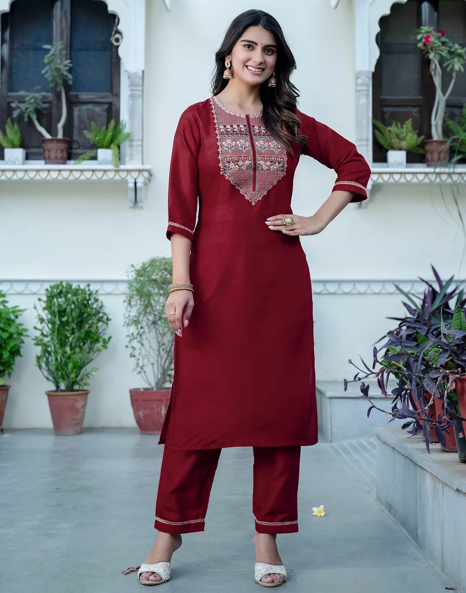 Silk Blend Embroidered Straight 3 Piece Kurta Set
