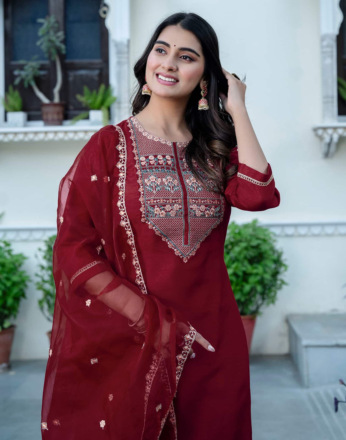 Maroon silk straight kurta set with dupatta under 799 festive wear