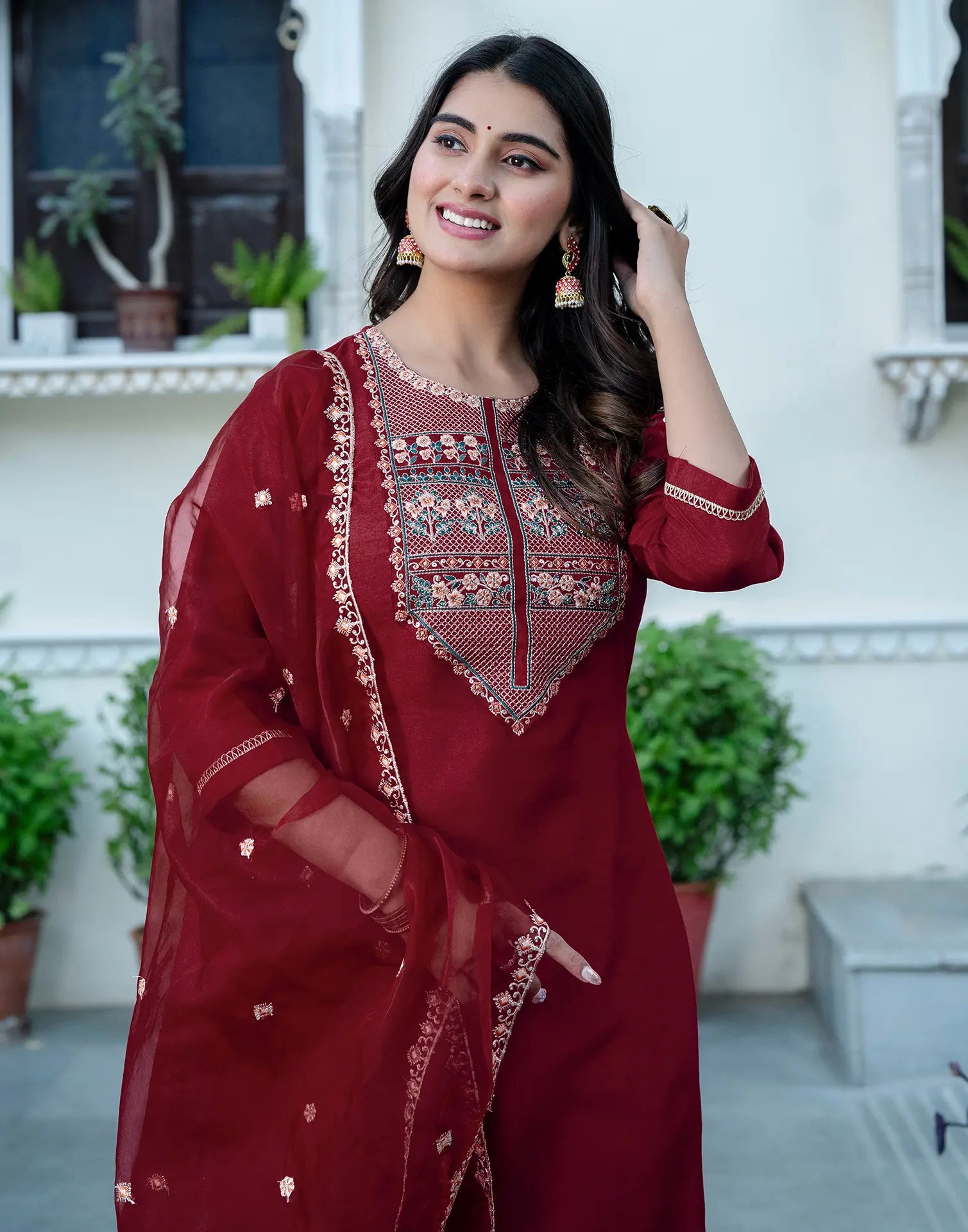 Silk Blend Embroidered Straight 3 Piece Kurta Set