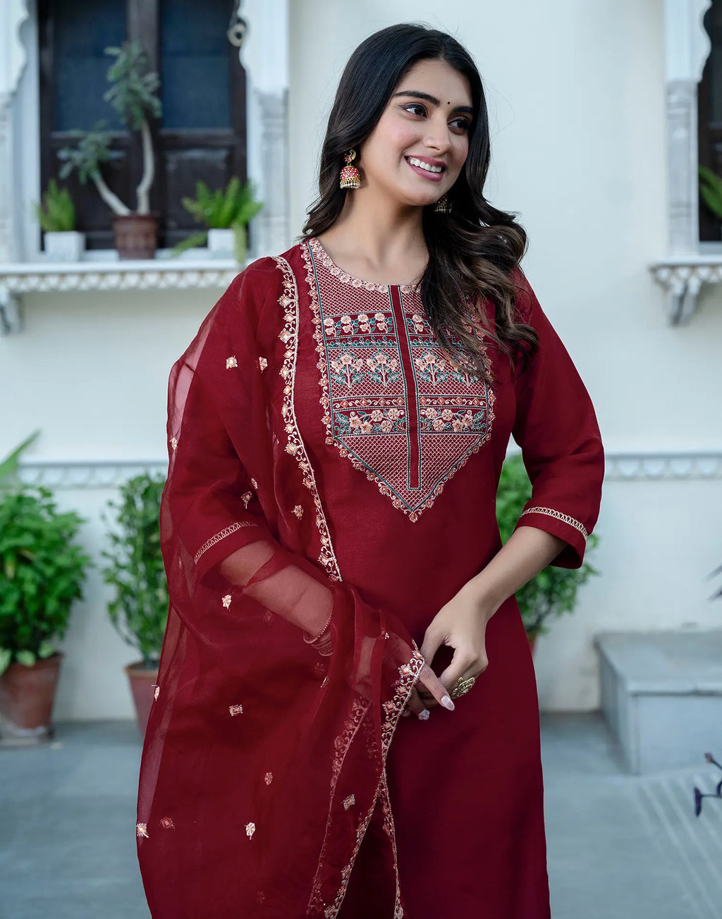Silk Blend Embroidered Straight 3 Piece Kurta Set
