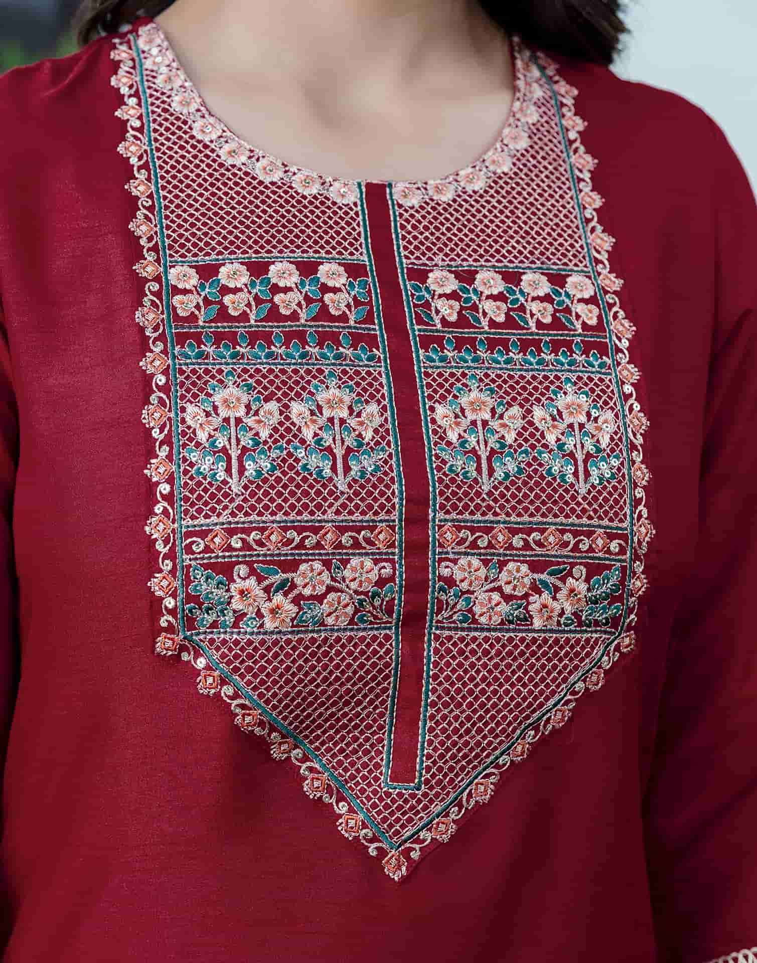 Maroon Silk Sequence Embroidered Straight Kurta Set with Pant and Dupatta – Elegant Wedding & Festive Wear for Women