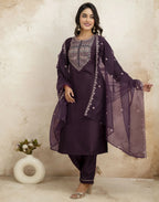 Silk Blend Embroidered Straight 3 Piece Kurta Set