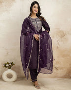 Silk Blend Embroidered Straight 3 Piece Kurta Set