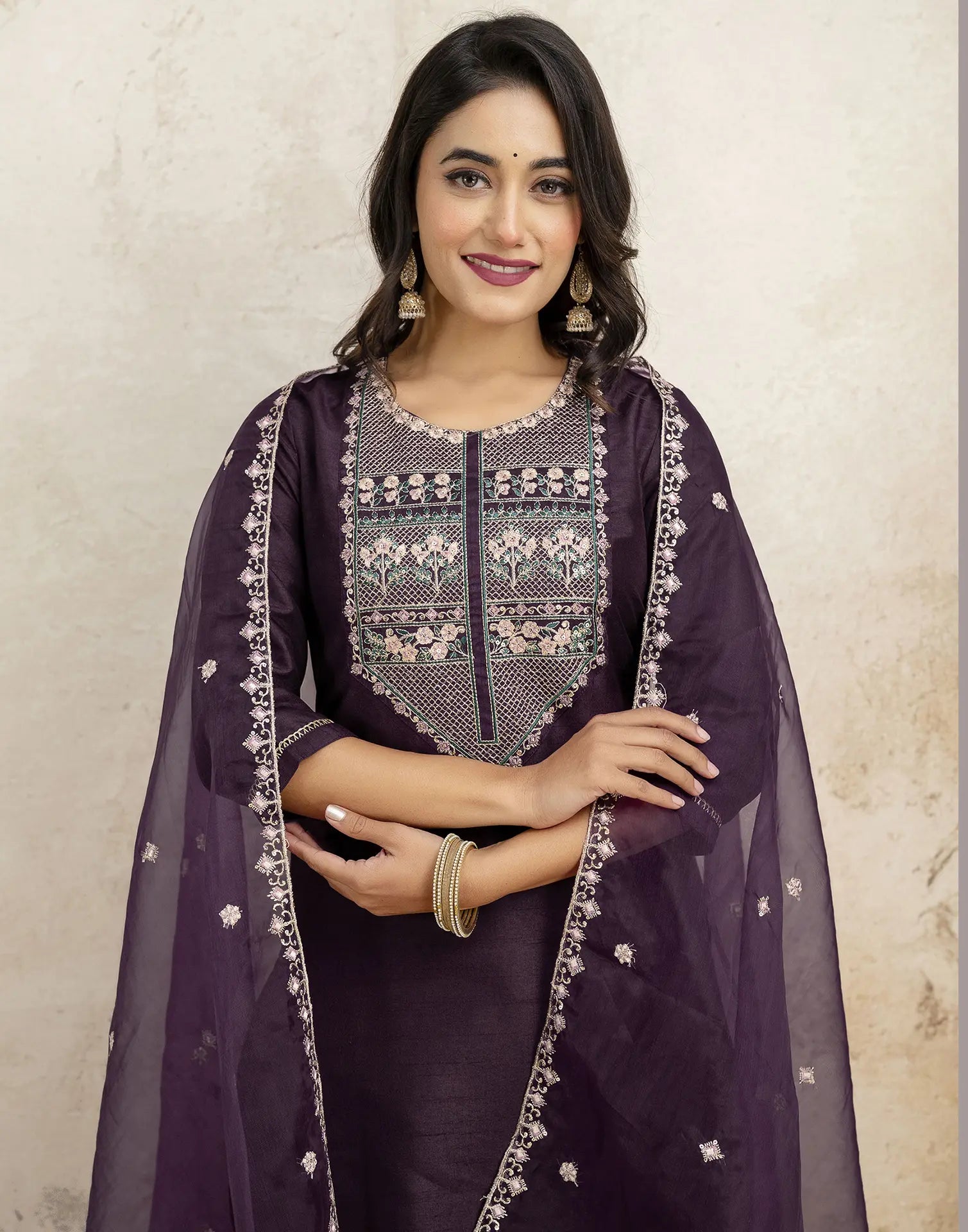 Silk Blend Embroidered Straight 3 Piece Kurta Set