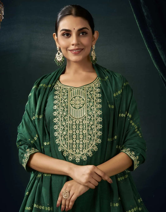 Silk Blend Embroidered Straight Kurta with Pant & Dupatta