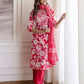 Pink Cotton Printed Straight Kurta Set with Pant & Dupatta V-Neck Floral Kurti for Women
