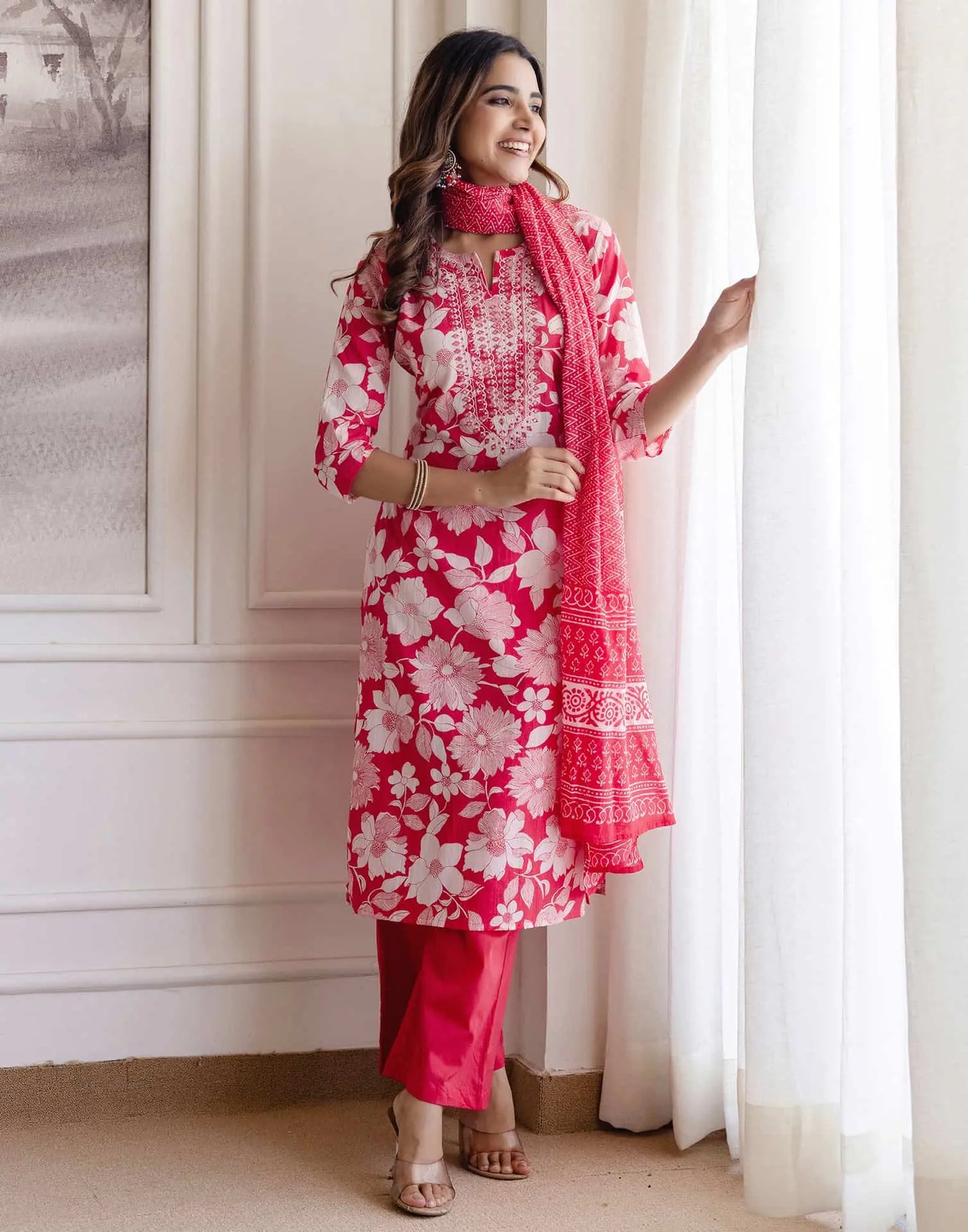 Pink Cotton Printed Straight Kurta Set with Pant & Dupatta V-Neck Floral Kurti for Women