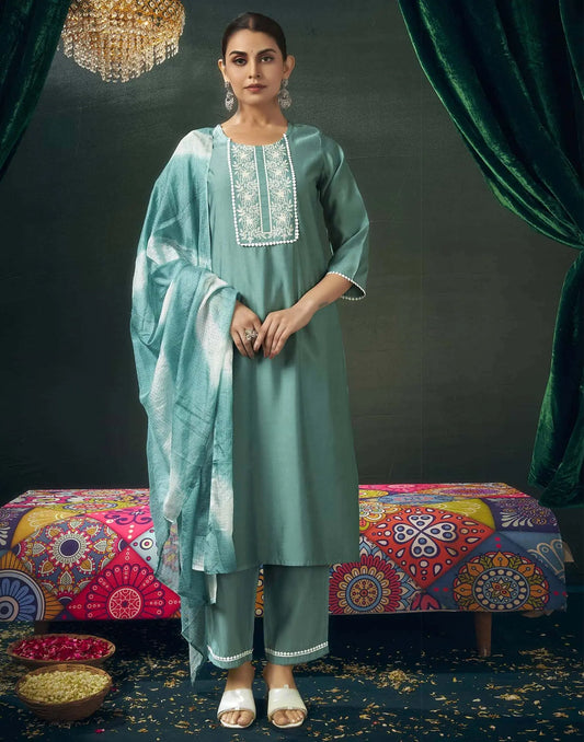Affordable Mint green embroidered round neck kurti set with dupatta