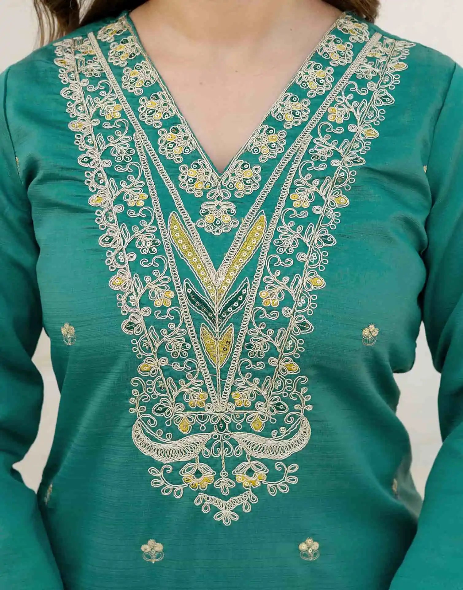 Affordable Green Silk Embroidered Straight Kurta Set V-Neck Silk Kurti with Pant & Dupatta