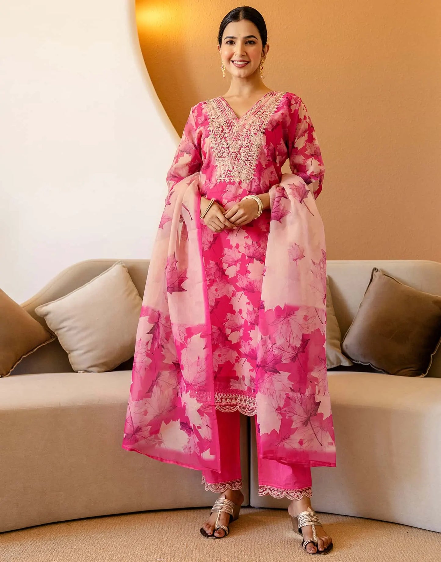 Pink Organza Printed Straight Kurta Set with Pant and Dupatta under 1299 