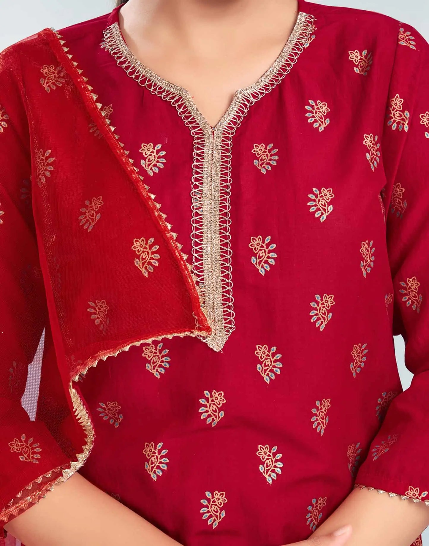 Silk Blend Dyed, Foil Print and Lace Straight Kurta with Pant & Dupatta