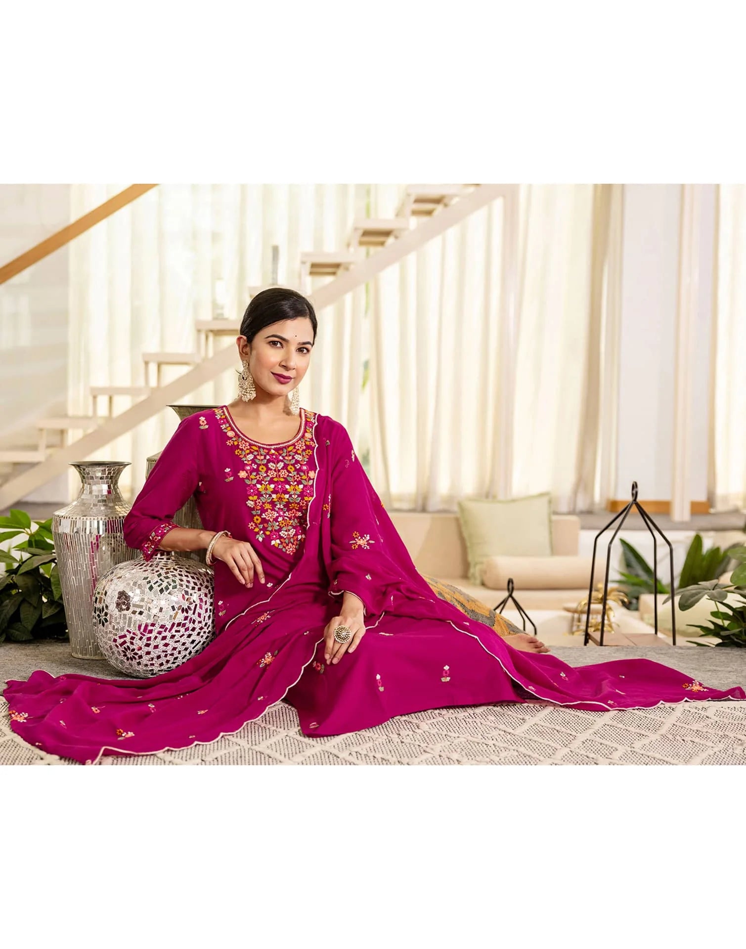 Skylee Pink Cotton Embroidered Straight Kurta with Pant & Dupatta