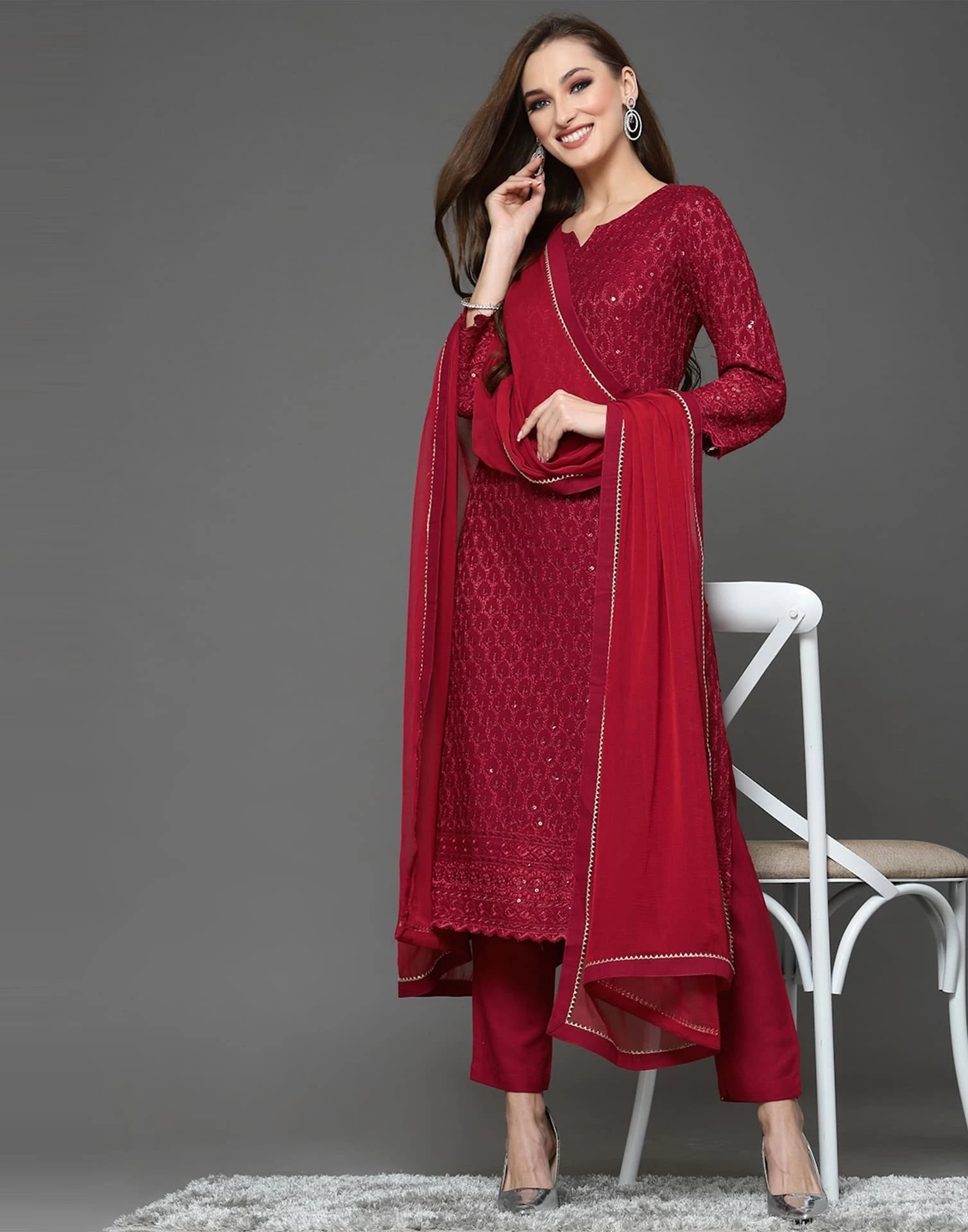 Maroon Rayon Straight Kurta Set with Sequence Embroidery under 1000