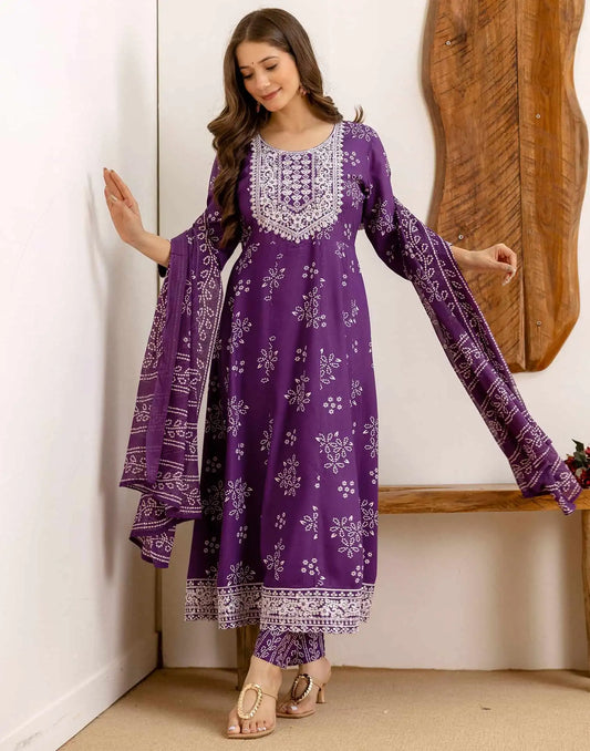 Affordable Purple Cotton Printed Anarkali Kurta Set V-Neck Cotton Kurti with Pant & Dupatta