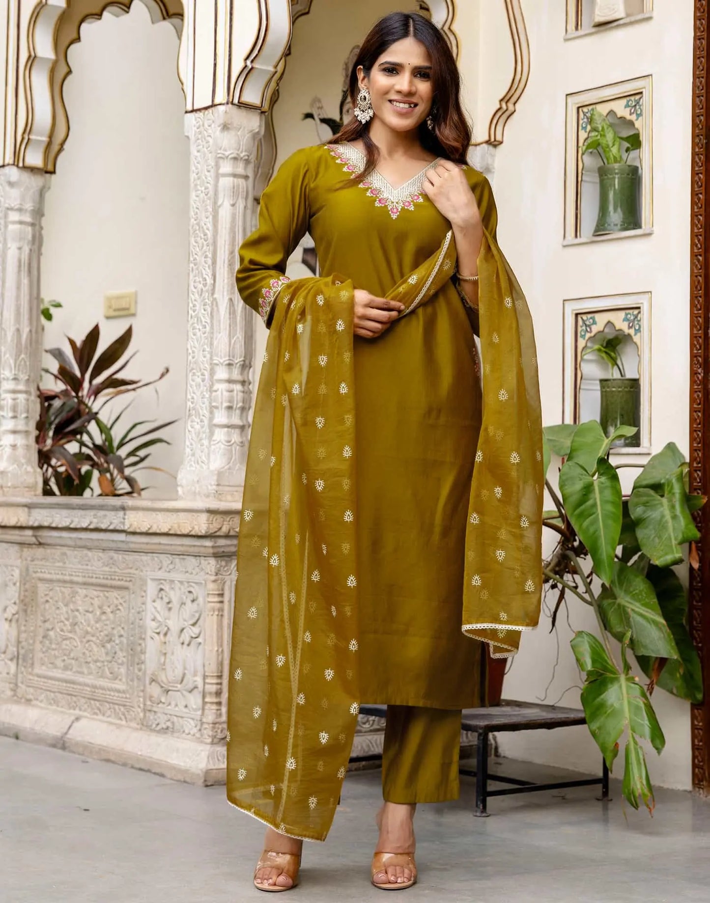 Green Silk Blend Embroidered Straight Kurta with Pant & Dupatta