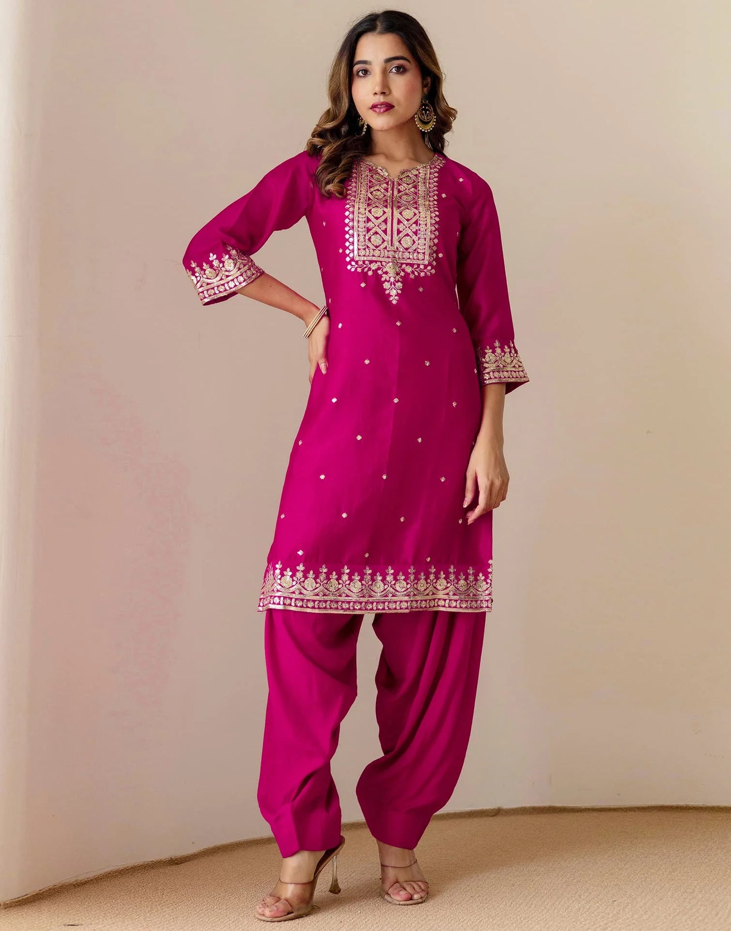 Affordable Pink Silk Embroidered Straight Kurta Set Round Neck Silk Embroidery Work Kurti with Patiala & Dupatta